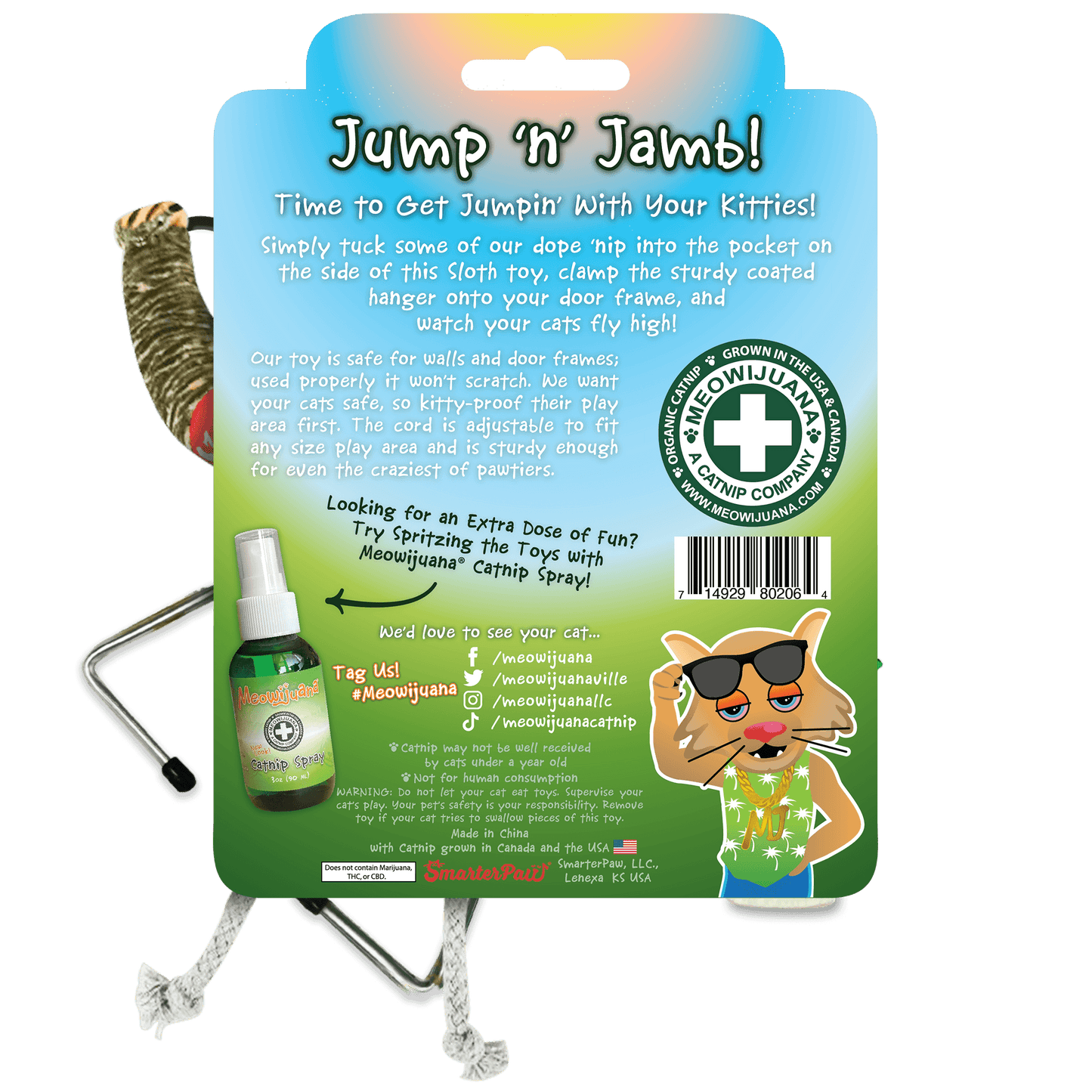 Jump 'n' Jamb - Get Wild Sloth - Refillable Catnip Swinging Toy