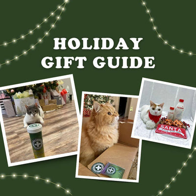 A festive "Holiday Gift Guide" featuring three cats with different products.