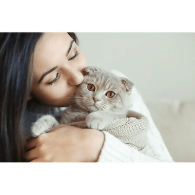 A woman affectionately embracing her grey Scottish Fold cat, showing a close and loving bond between pet and owner.