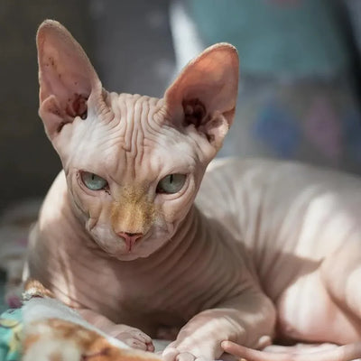 A close-up of a Sphynx cat relaxing, showcasing its unique wrinkled skin and intense green eyes.