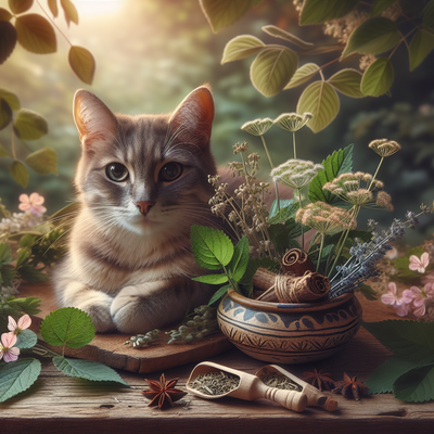 A serene cat rests among fresh herbs and dried botanicals in a lush, sunlit setting, evoking a natural and calming atmosphere.