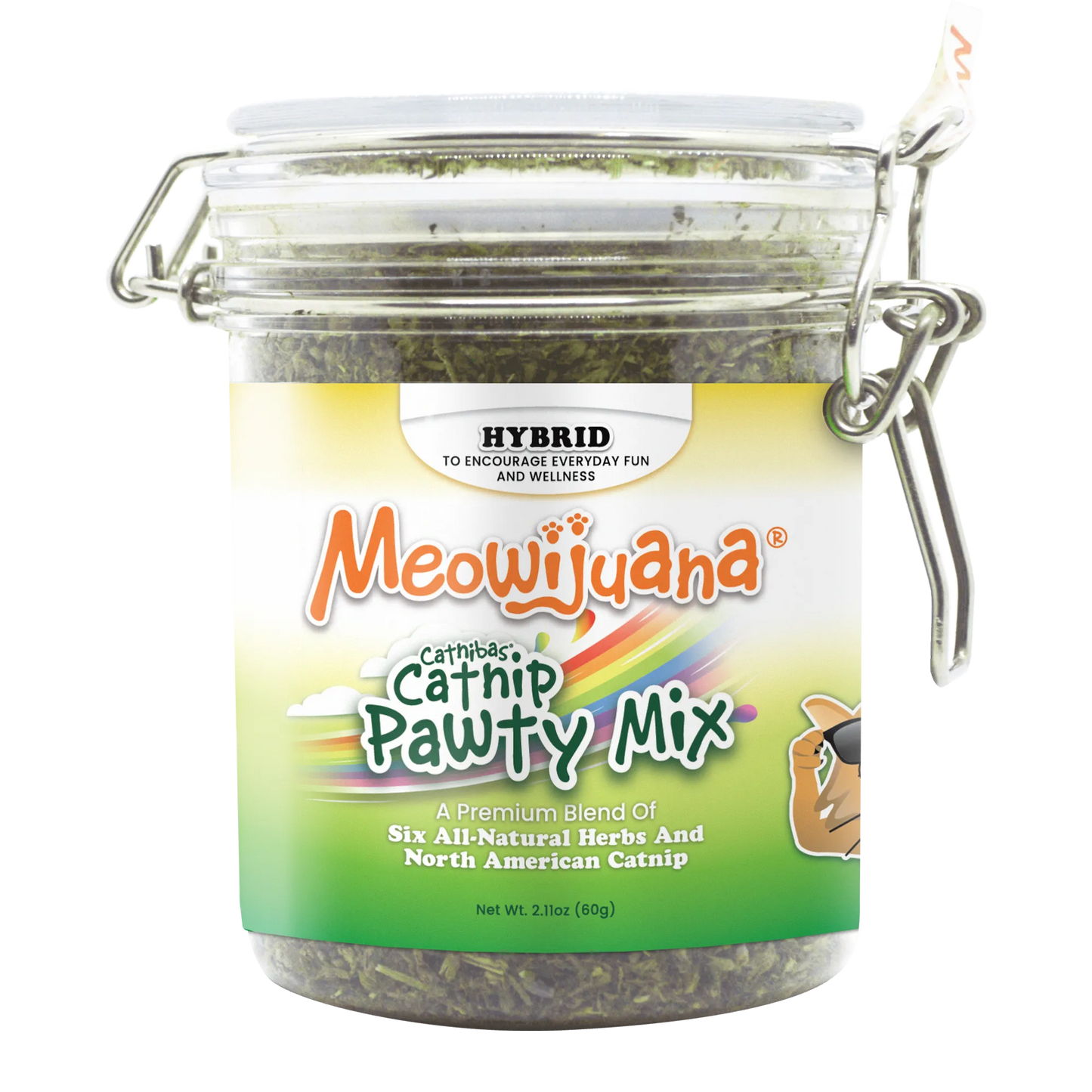 Meowijuana Catnip Pawty Mix jar featuring a premium blend of six herbs and North American catnip for everyday wellness.