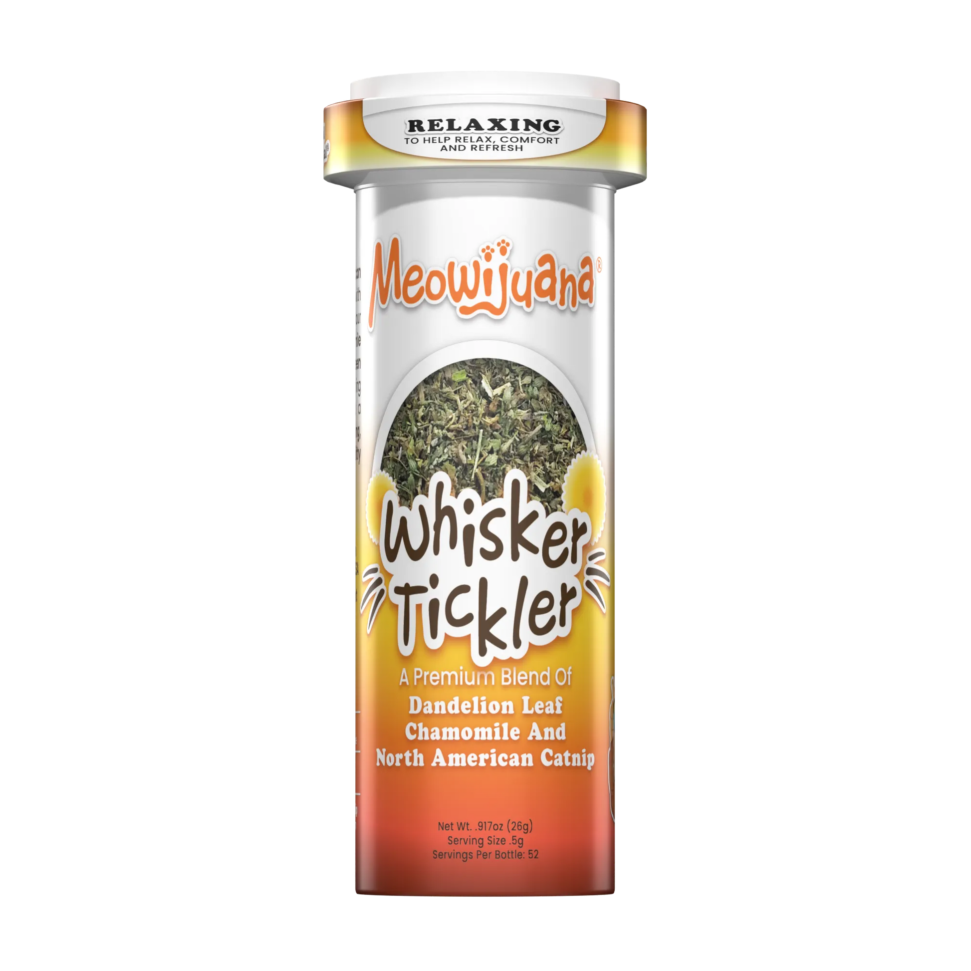 Meowijuana Whisker Tickler container showcasing a blend of dandelion leaf, chamomile, and North American catnip.