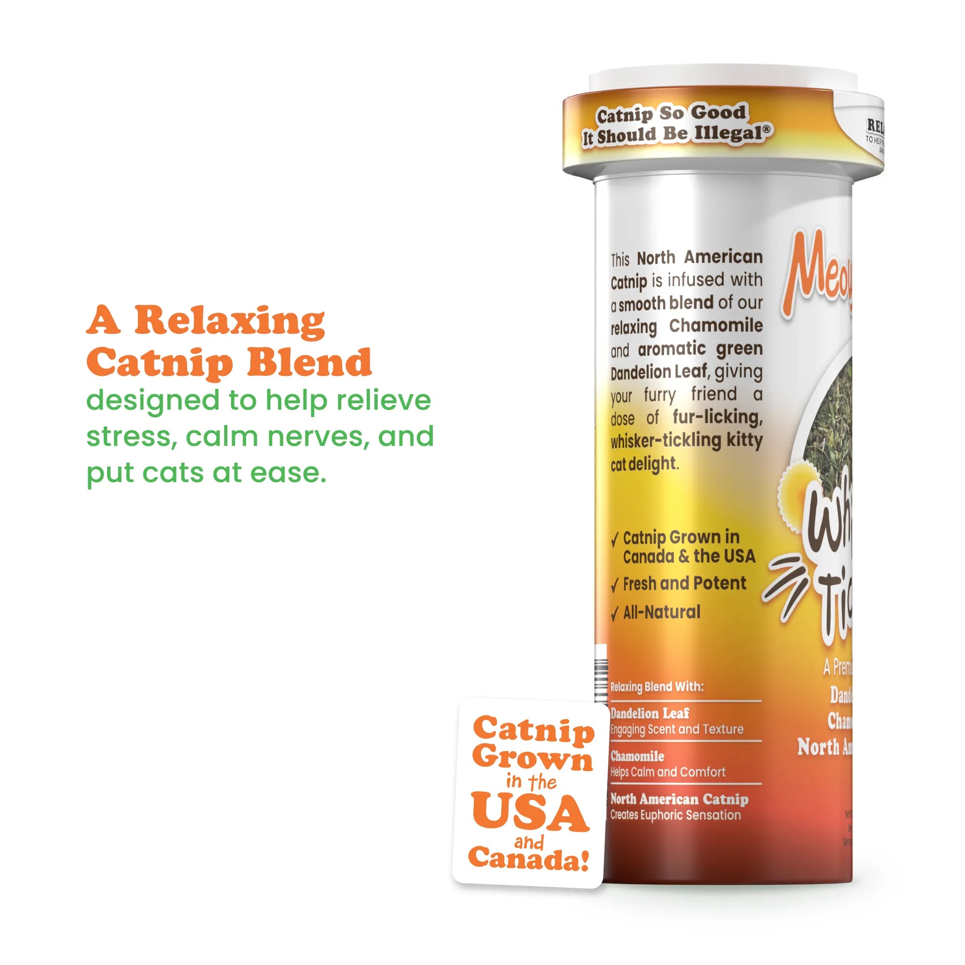 Side view of Whisker Tickler container detailing its relaxing ingredients and benefits for calming cats.