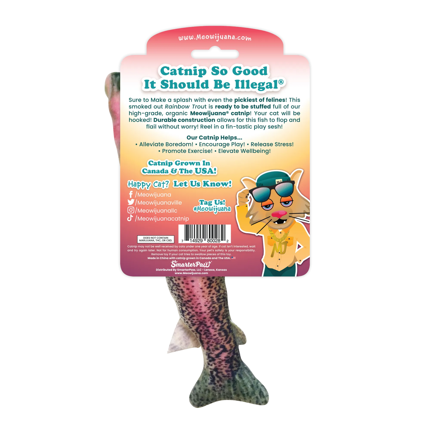Back of the "Get Smoked" packaging, detailing catnip benefits and a fun design with social media tags.