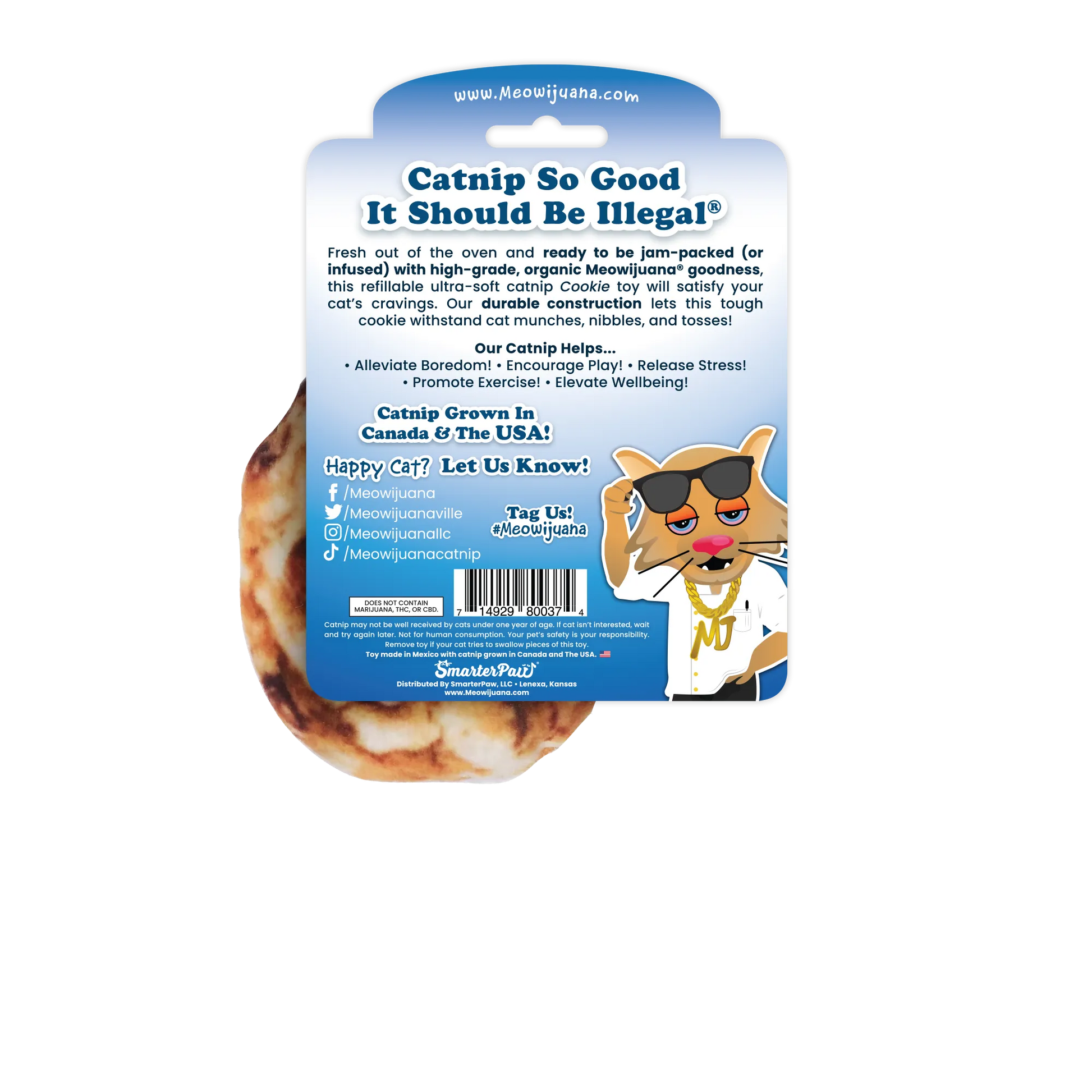 The back of the Meowijuana cookie packaging with playful branding and details on the product's benefits for cats.