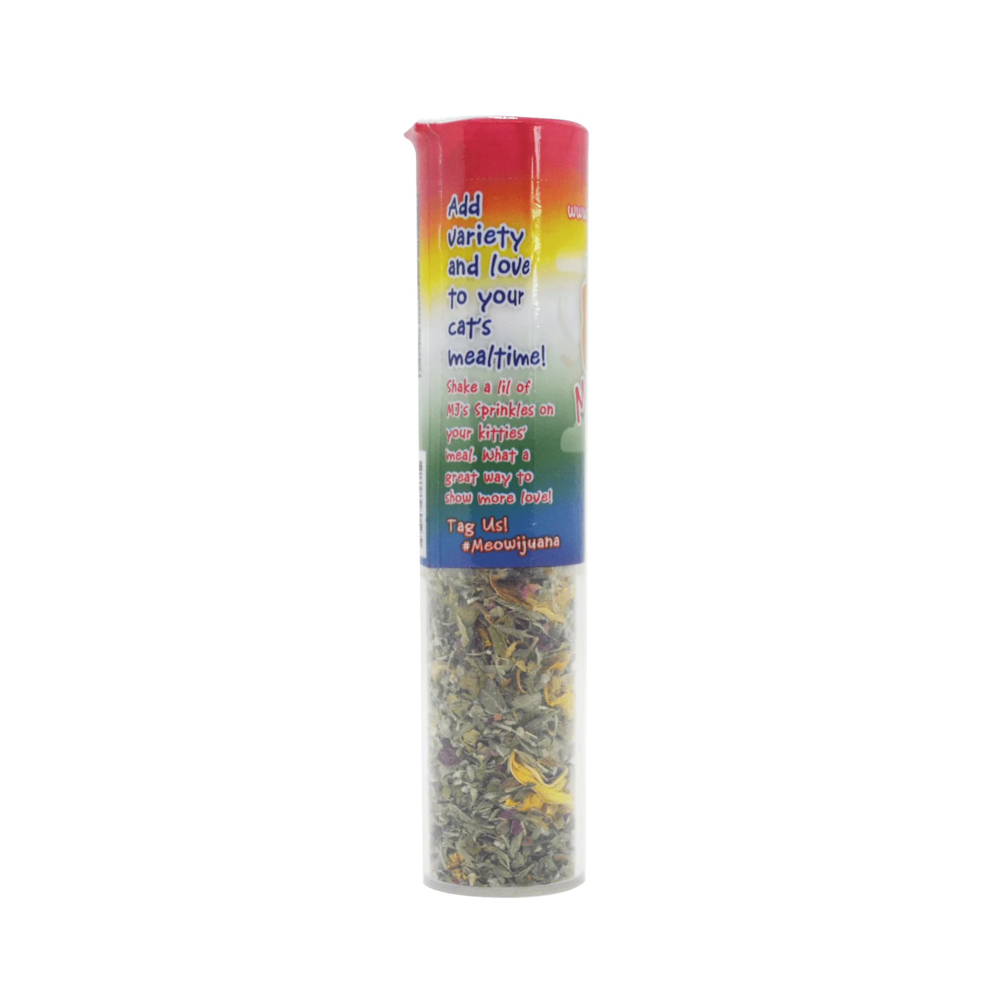 Side view of MJ's Rainbow Sprinkles container with text promoting variety and love in cat meals.