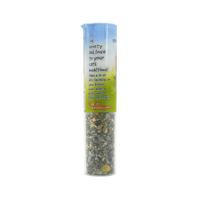 Side view of MJ's Green Piece catnip sprinkles container, encouraging variety in a cat's mealtime.