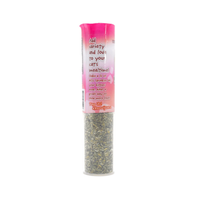 Side view of MJ's Marshmallow Sprinkles container, promoting variety and love in a cat's mealtime.