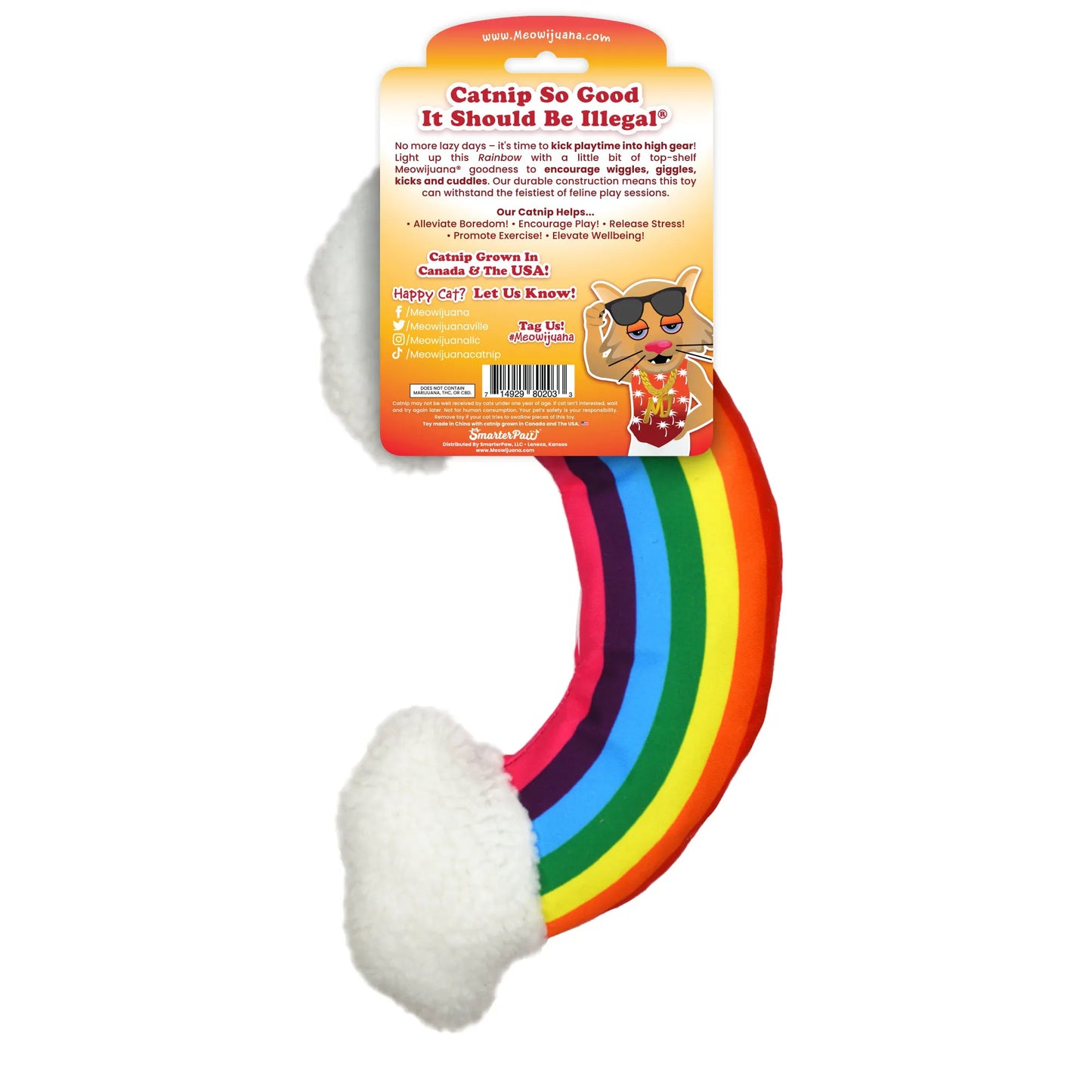 Back of the rainbow cat toy packaging, highlighting features like promoting exercise, stress relief, and playtime benefits.