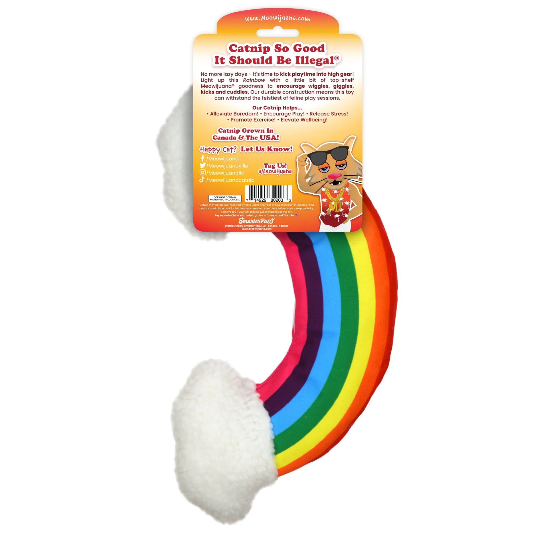 Back of the rainbow cat toy packaging, highlighting features like promoting exercise, stress relief, and playtime benefits.