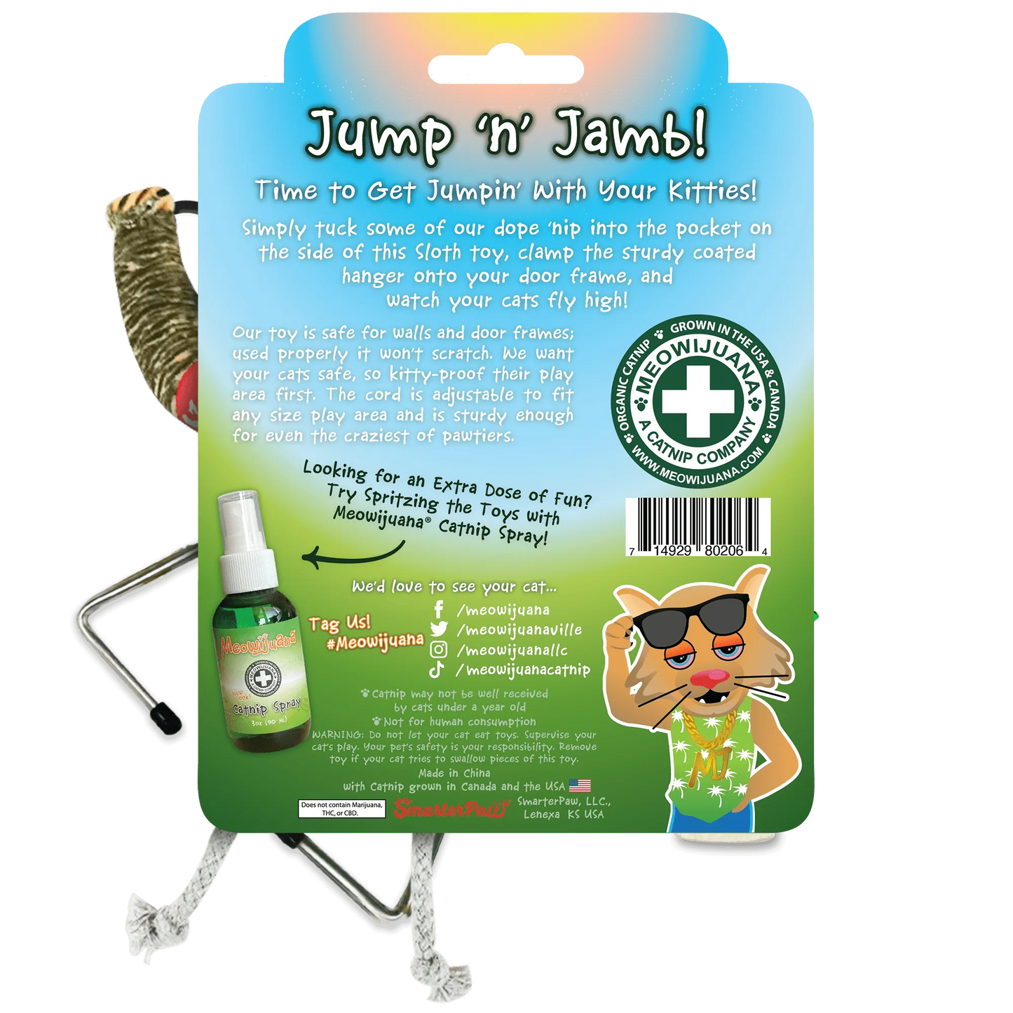 Back of "Jump 'n' Jamb!" package with instructions, social tags, catnip spray suggestion, and a cartoon cat in sunglasses. Made by SmarterPaw.