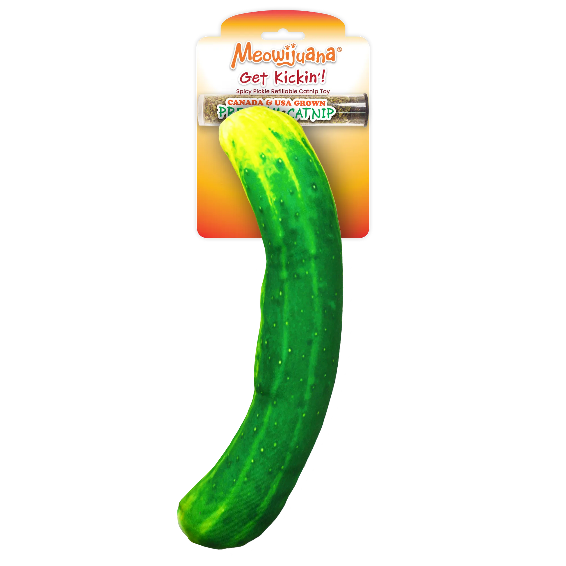 A pickle-shaped cat toy in bright green, packaged with Meowijuana® branding and a tube of premium North American catnip.