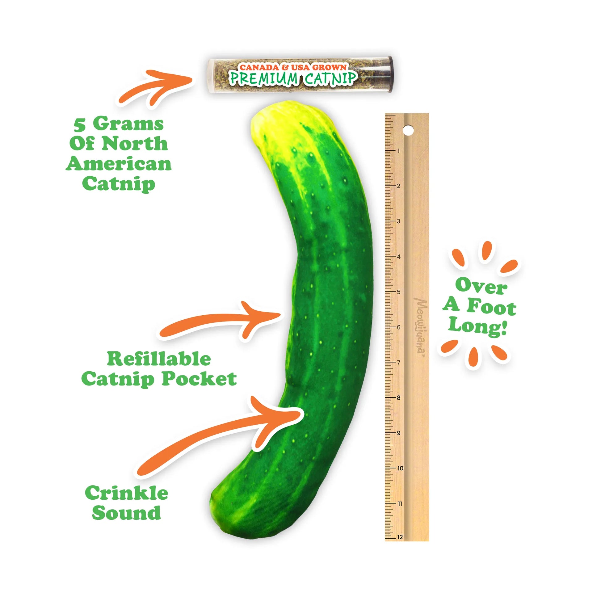 The pickle toy labeled with features: refillable catnip pocket, crinkle sound, and over a foot long with 5 grams of premium catnip.