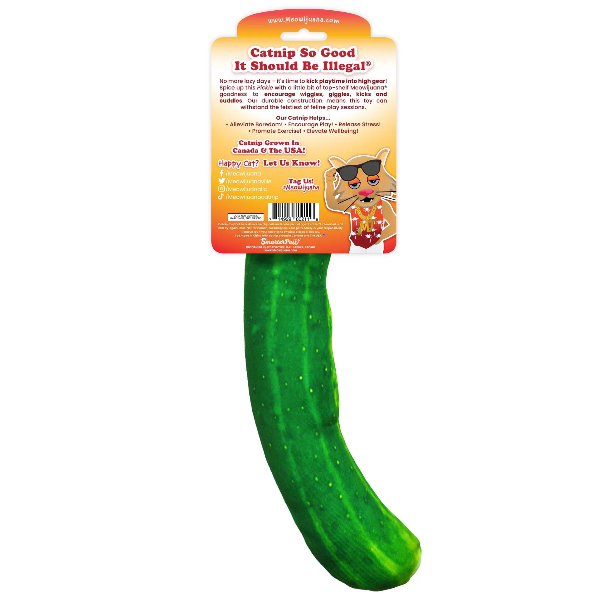 Back of the pickle toy packaging, highlighting benefits like alleviating boredom, promoting exercise, and encouraging playtime.