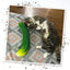 A tabby cat lying on a patterned blanket, playfully cuddling the pickle-shaped cat toy.