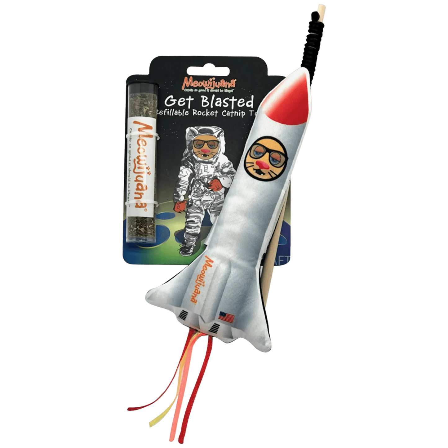Rocket-shaped catnip toy with colorful packaging that reads "Get Blasted - Refillable Rocket Catnip Toy.