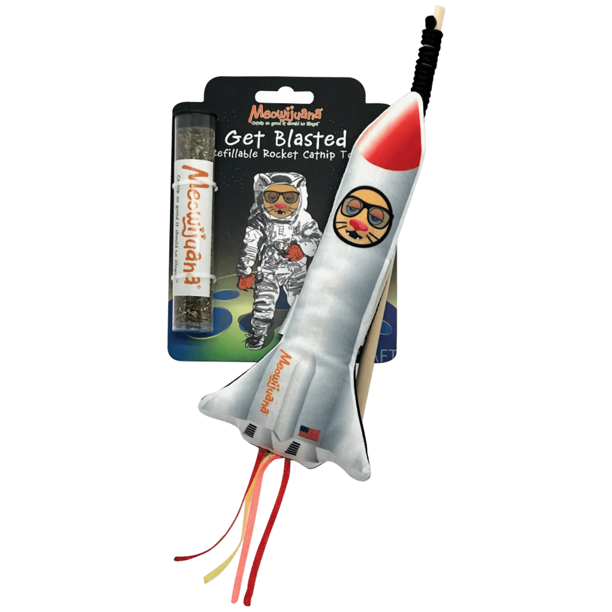 Rocket-shaped catnip toy with colorful packaging that reads "Get Blasted - Refillable Rocket Catnip Toy.