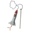 Rocket toy detached from its packaging with attached wand and string, showing its interactive play feature.