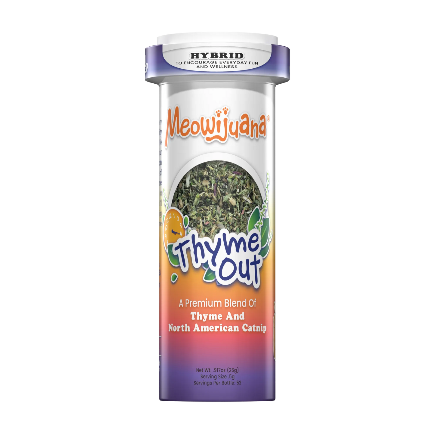 Meowijuana Thyme Out catnip container featuring a blend of thyme and North American catnip for feline enjoyment.