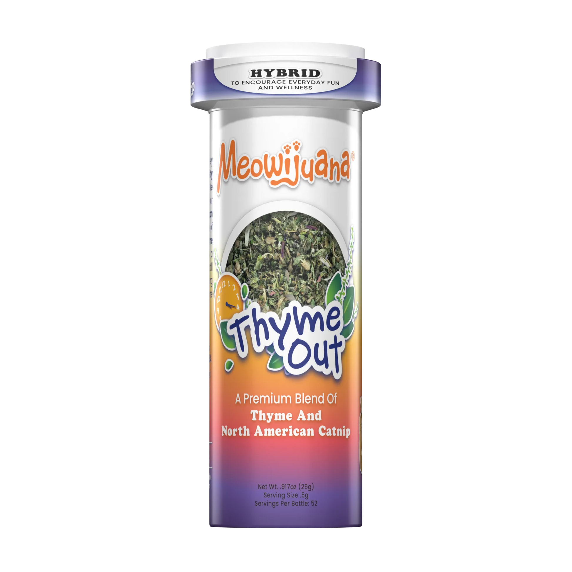 Meowijuana Thyme Out catnip container featuring a blend of thyme and North American catnip for feline enjoyment.