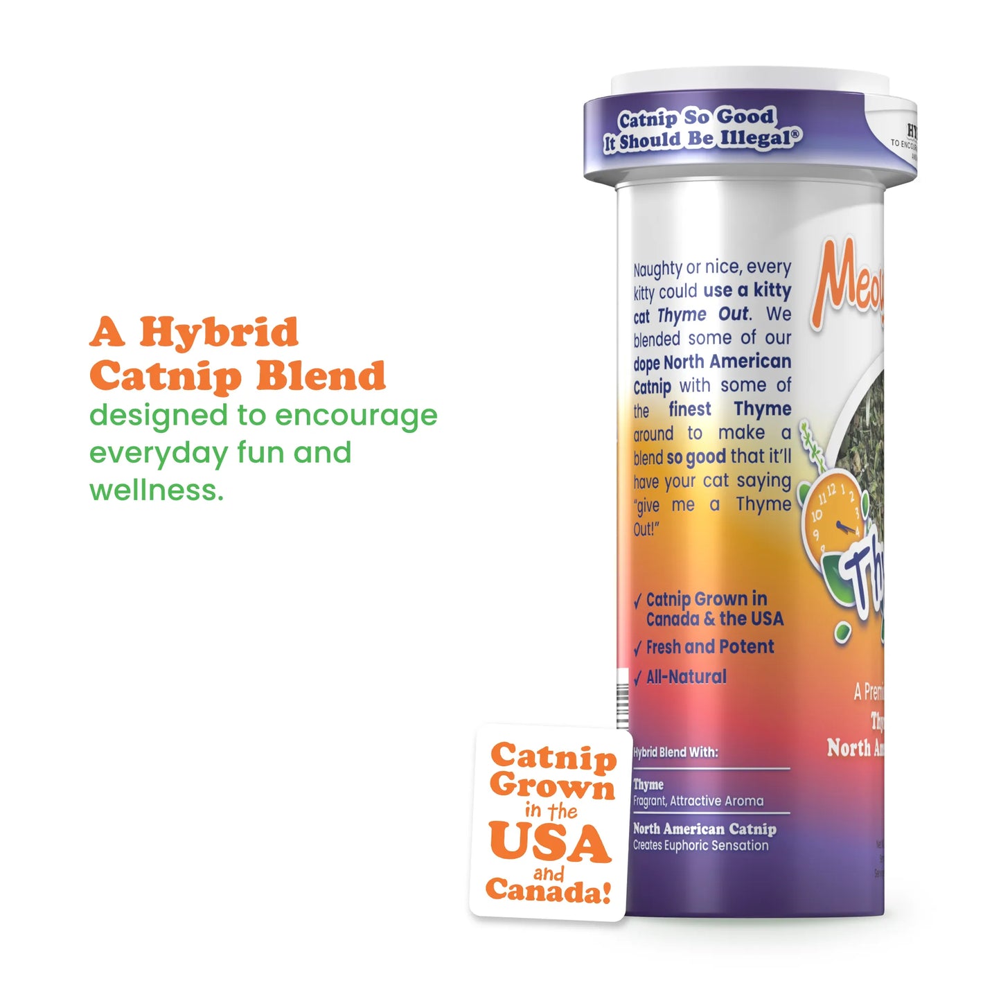 Side view of Thyme Out container with descriptions of its ingredients and benefits for cat wellness.