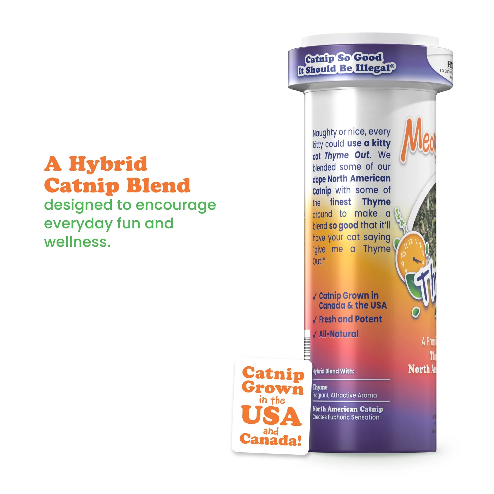Side view of Thyme Out container with descriptions of its ingredients and benefits for cat wellness.