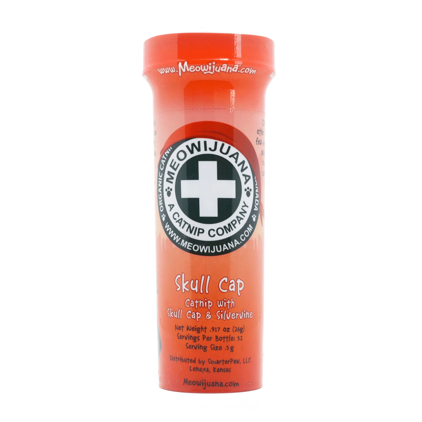Meowijuana Skull Cap container with catnip and silvervine, designed for feline enjoyment.