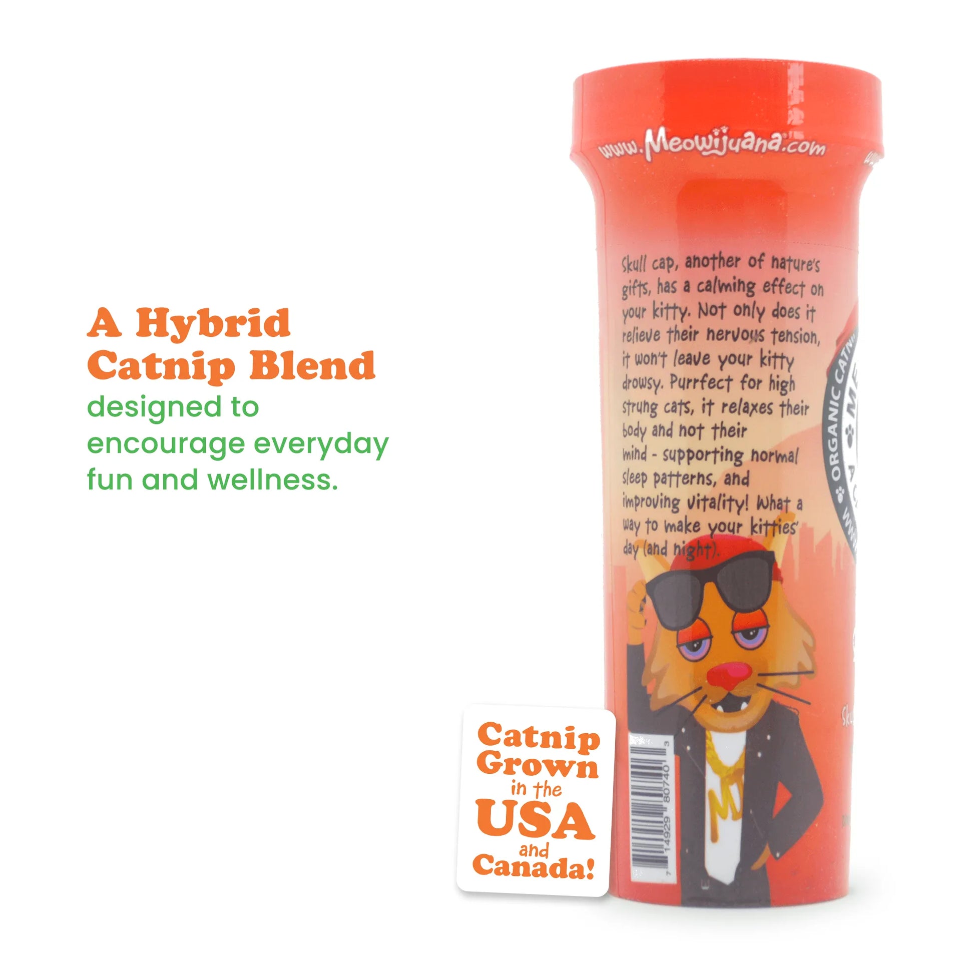  Side view of Skull Cap container, promoting active play with notes on the blend's relaxing effects.
