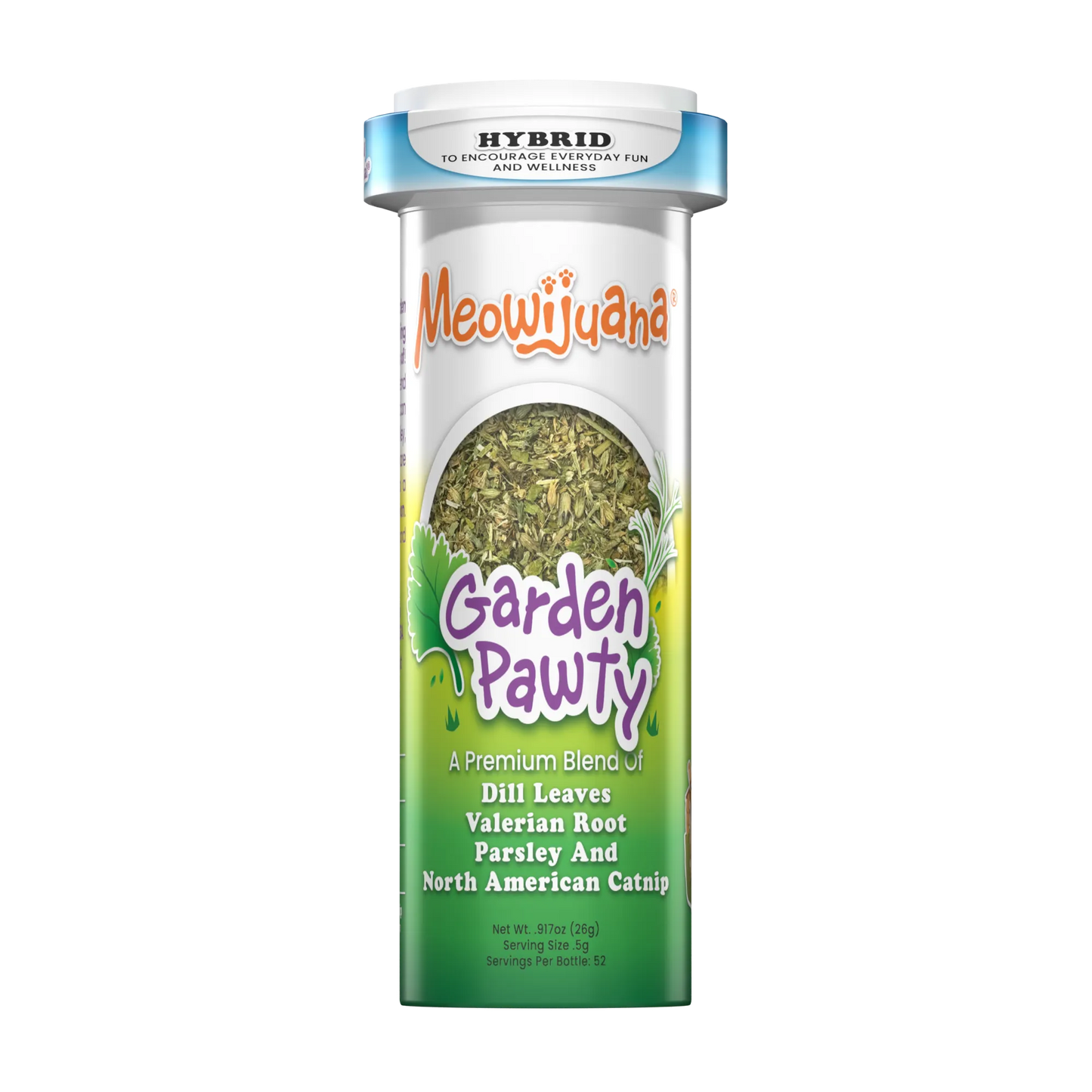 Catnip blend in a can labeled "Garden Pawty" with ingredients listed.