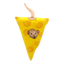 A standalone triangular cheese-shaped cat toy with yellow cheese graphics and a brown mouse design on its surface.