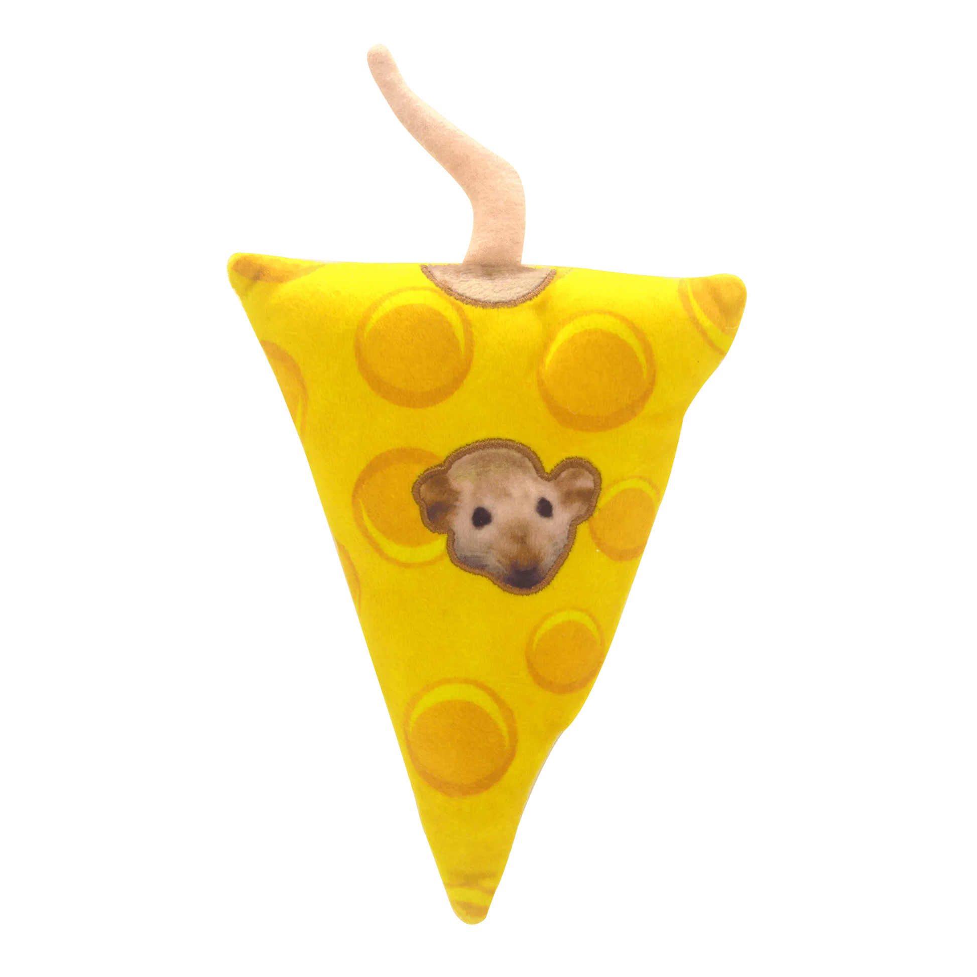 A standalone triangular cheese-shaped cat toy with yellow cheese graphics and a brown mouse design on its surface.