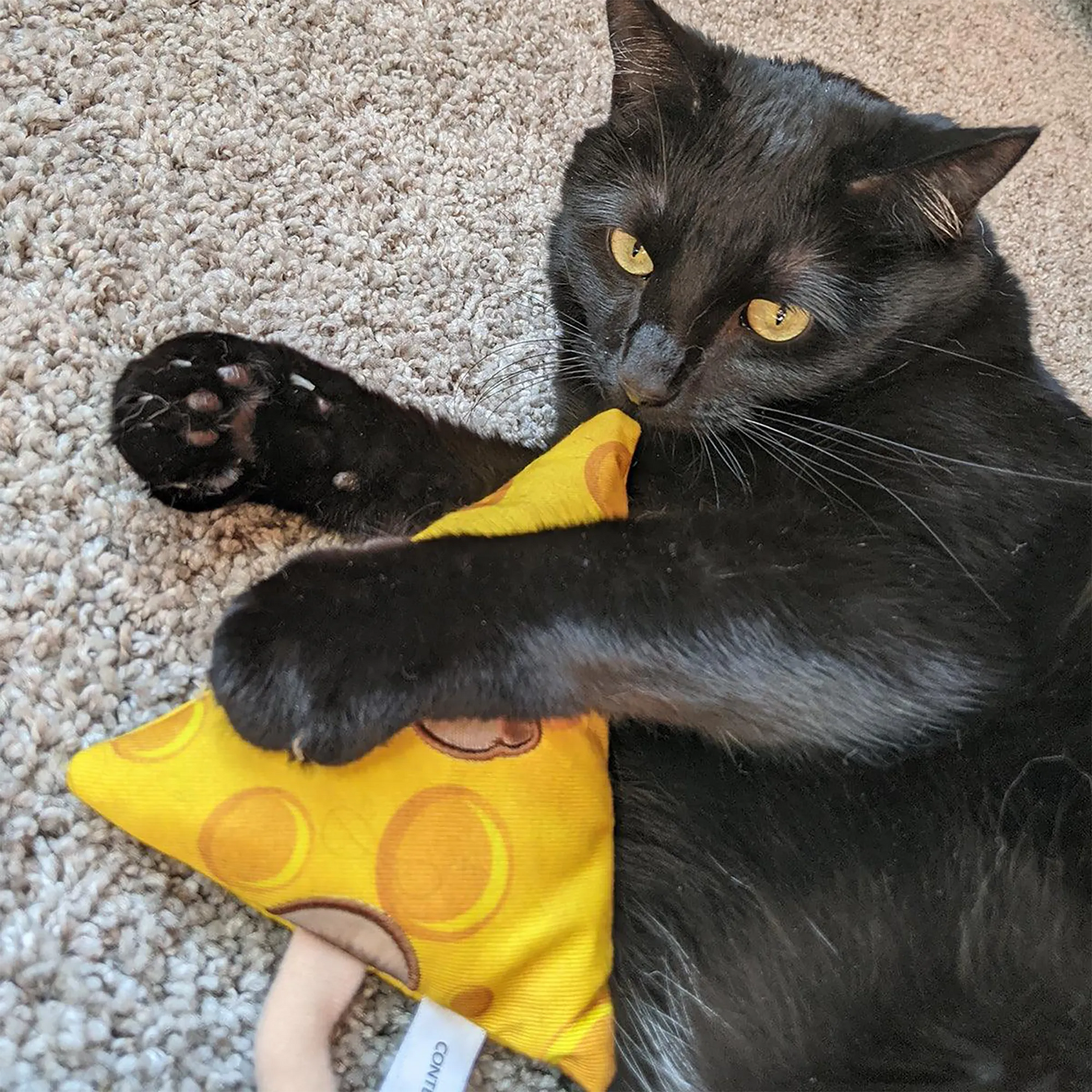 A black cat lying on the carpet, hugging and biting a yellow cheese-shaped cat toy with a stuffed tail.