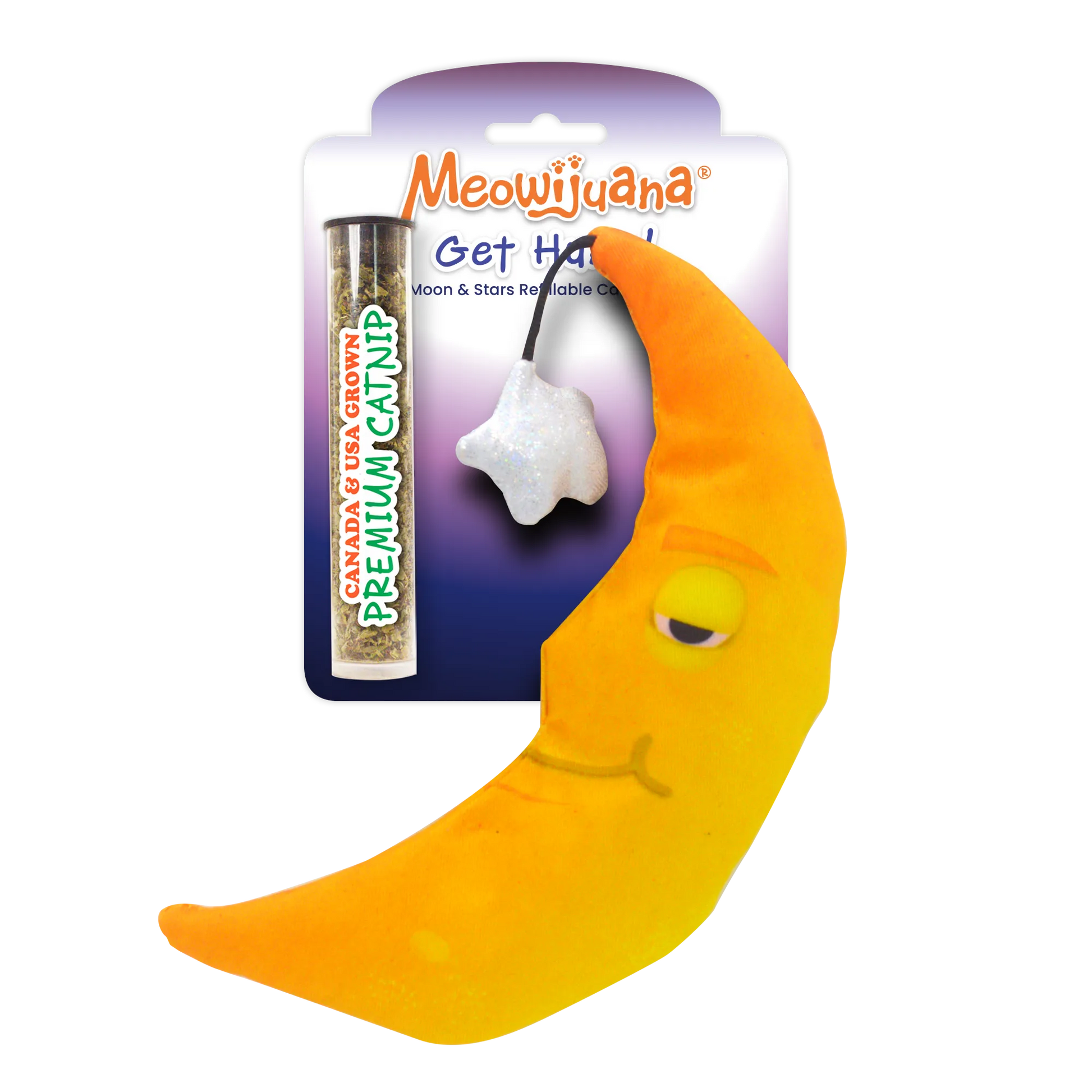 A yellow crescent moon plush toy with a star attachment, packaged with a tube of premium catnip.