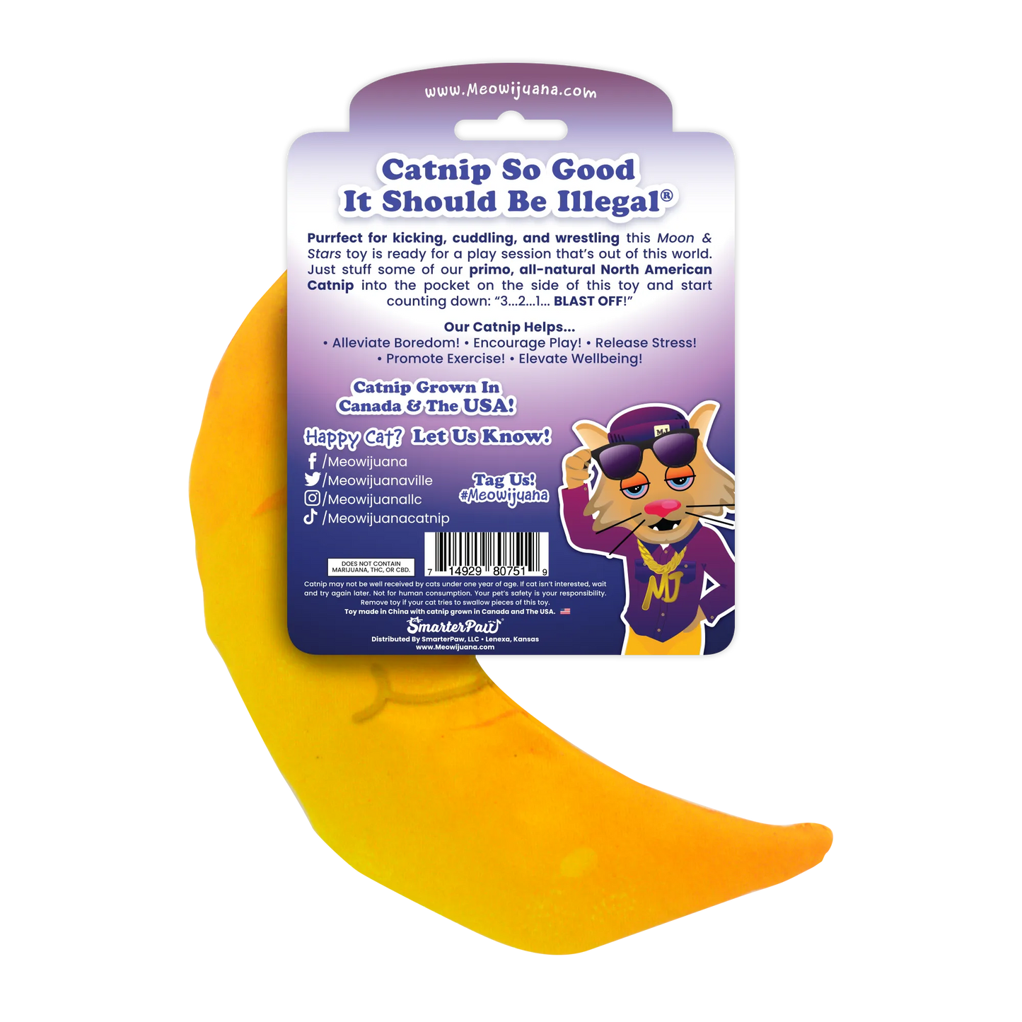 The back of the toy's packaging with playful text emphasizing the benefits of catnip and promoting social media tags.