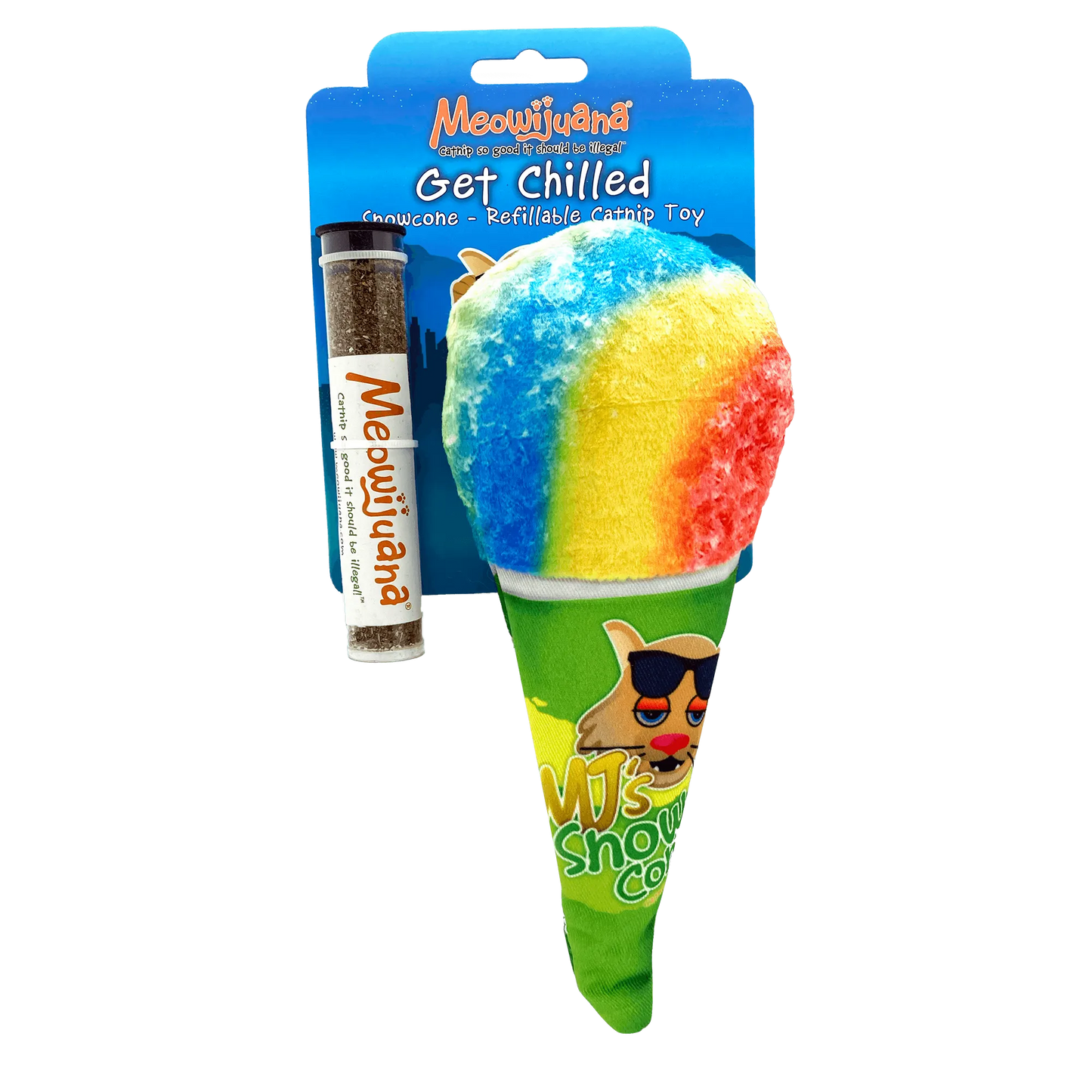 A rainbow-colored snow cone cat toy packaged with a tube of Meowijuana catnip, labeled "Get Chilled."