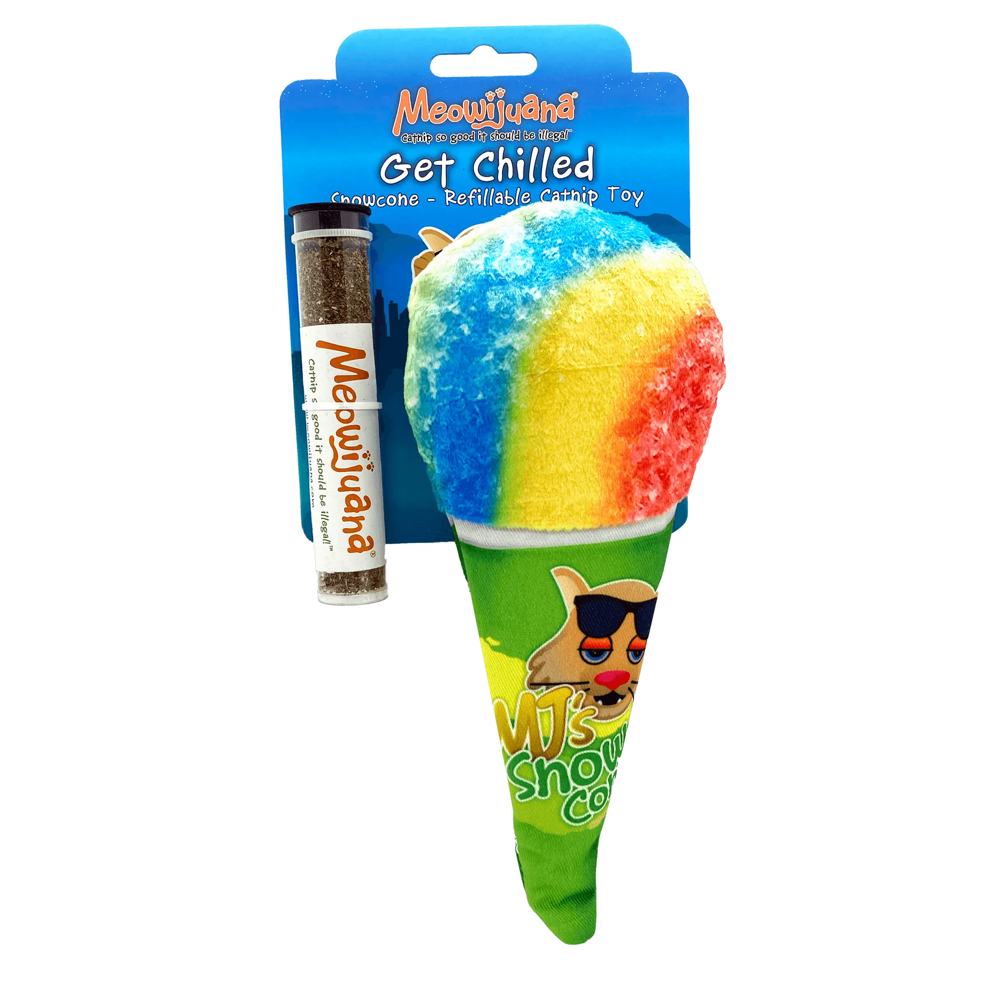 A rainbow-colored snow cone cat toy packaged with a tube of Meowijuana catnip, labeled "Get Chilled."