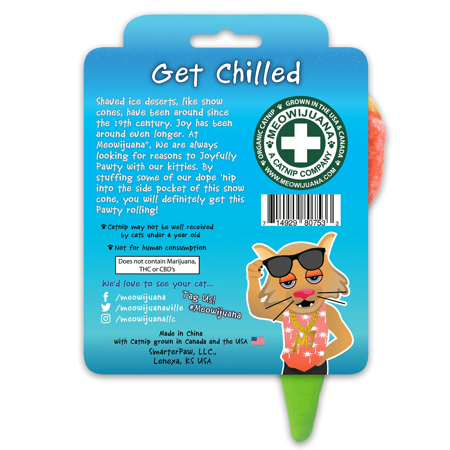 The back of the packaging for the snow cone cat toy, featuring a playful description and social media tags.