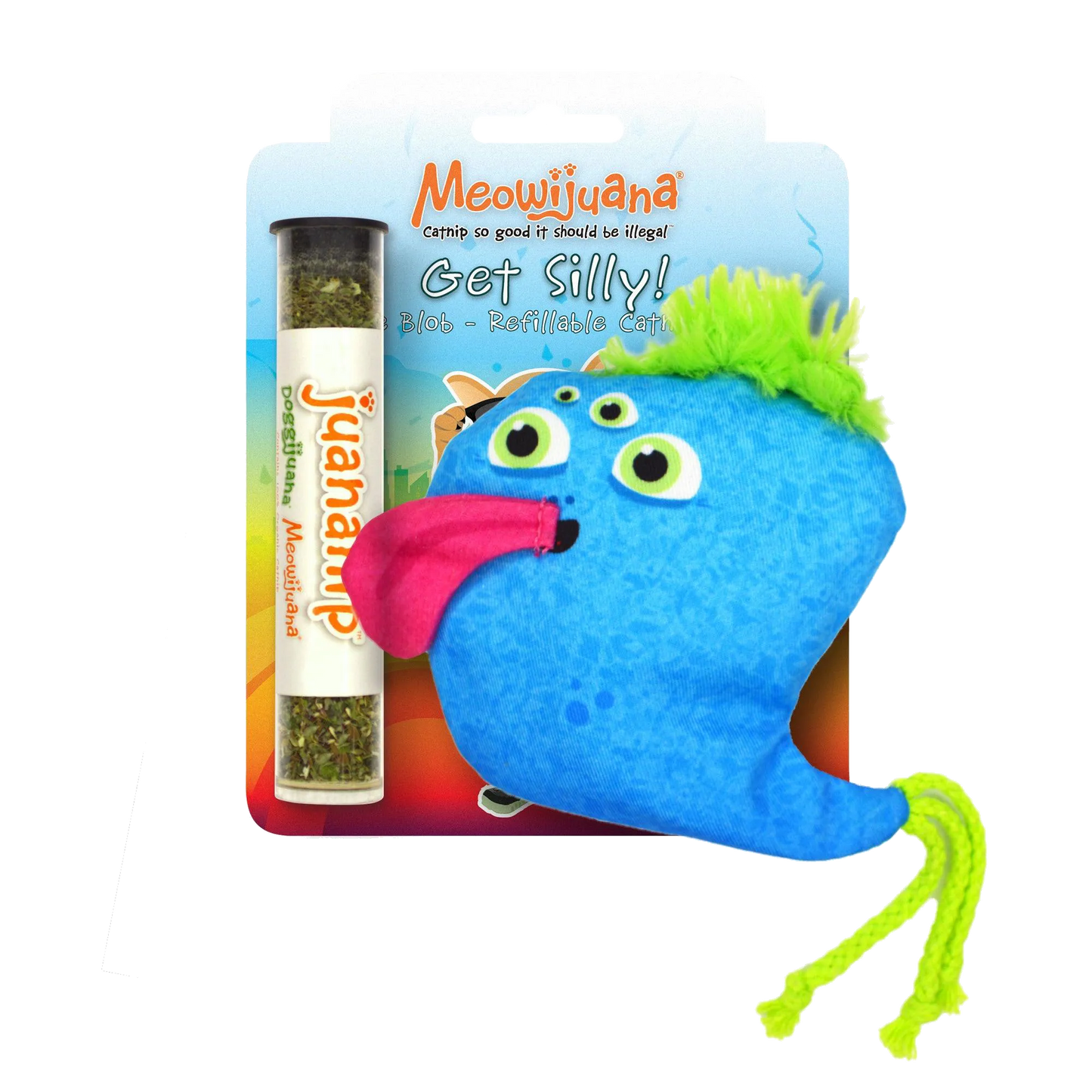 Meowijuana Blob toy with vibrant blue body, pink tongue, green fluff, and included Juananip tube in packaging.