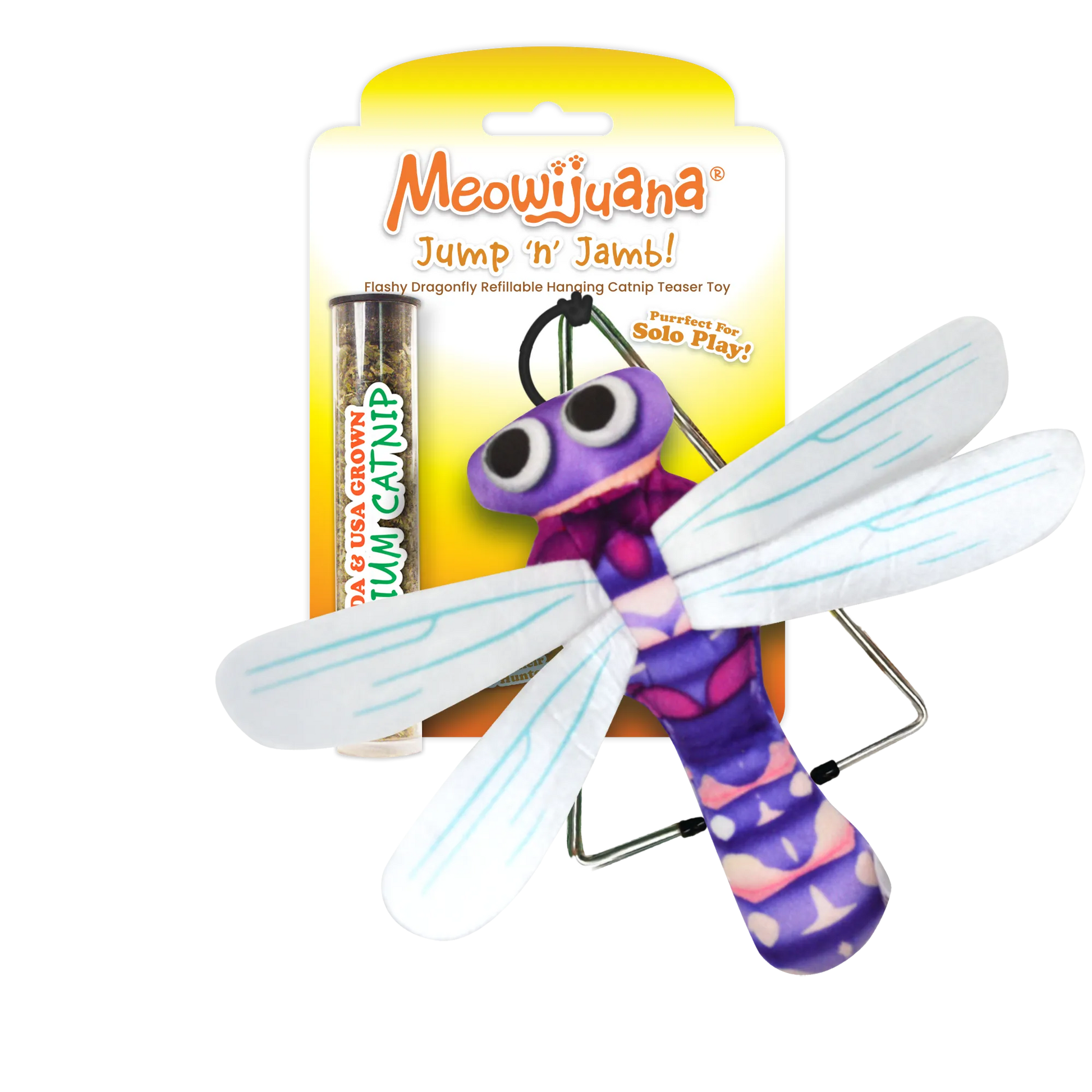 Plush dragonfly cat toy with refillable catnip and hanging clip, packaged with Meowijuana branding.