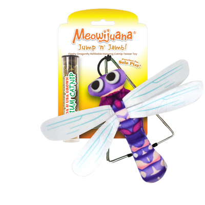 Plush dragonfly cat toy with refillable catnip and hanging clip, packaged with Meowijuana branding.