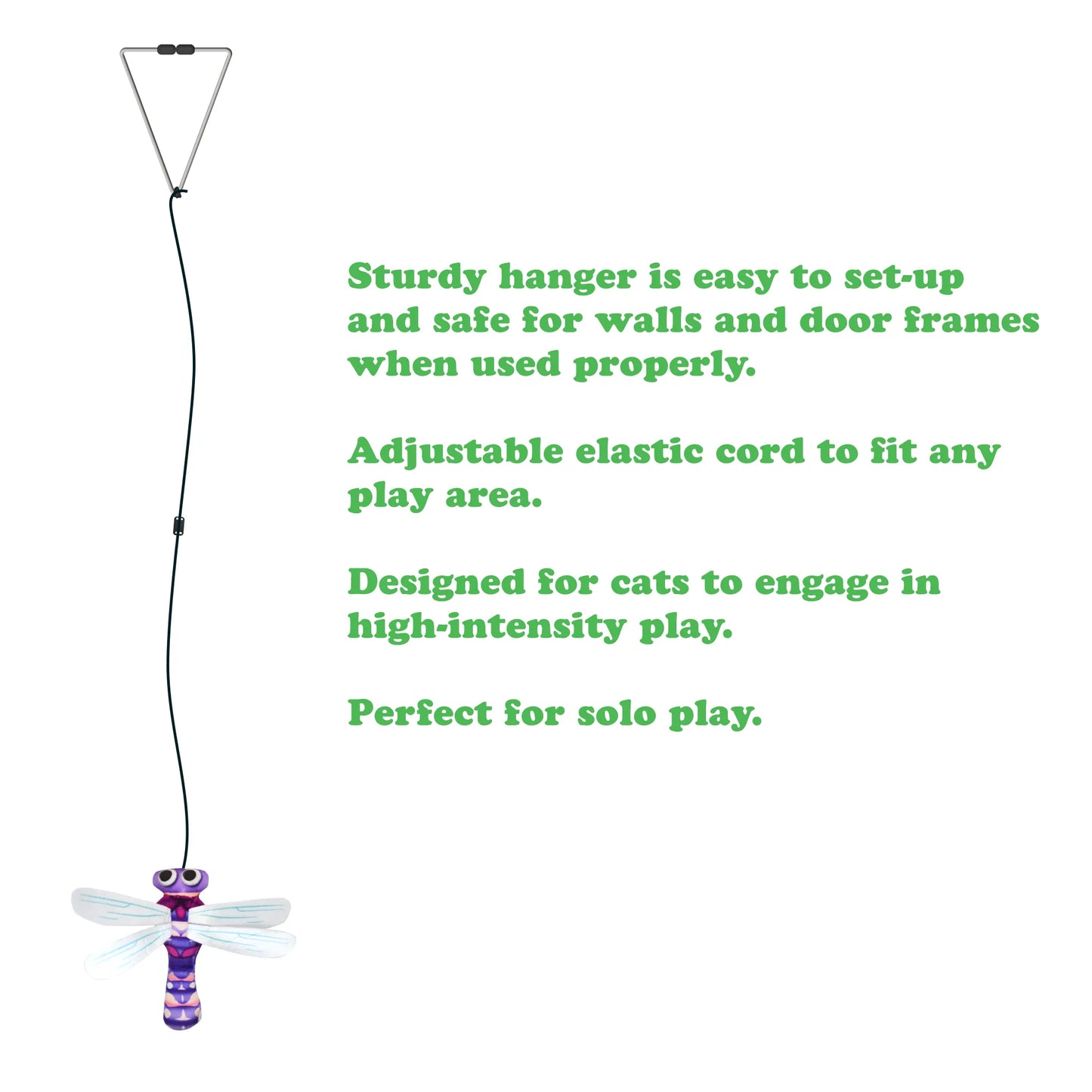 Hanging dragonfly teaser toy suspended from a triangular hanger with text highlighting safety and solo play benefits.