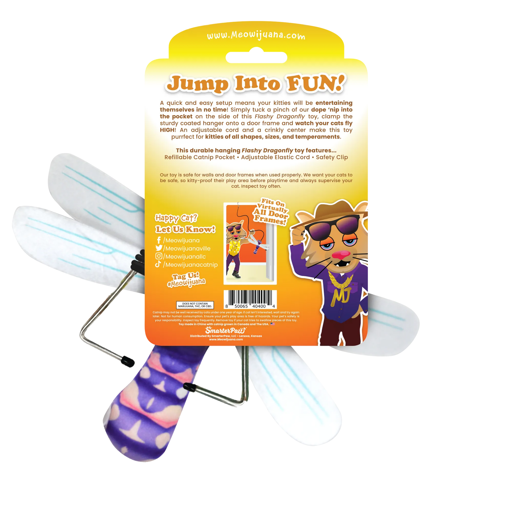 Back packaging of dragonfly cat toy detailing product features, setup instructions, and social media tags.