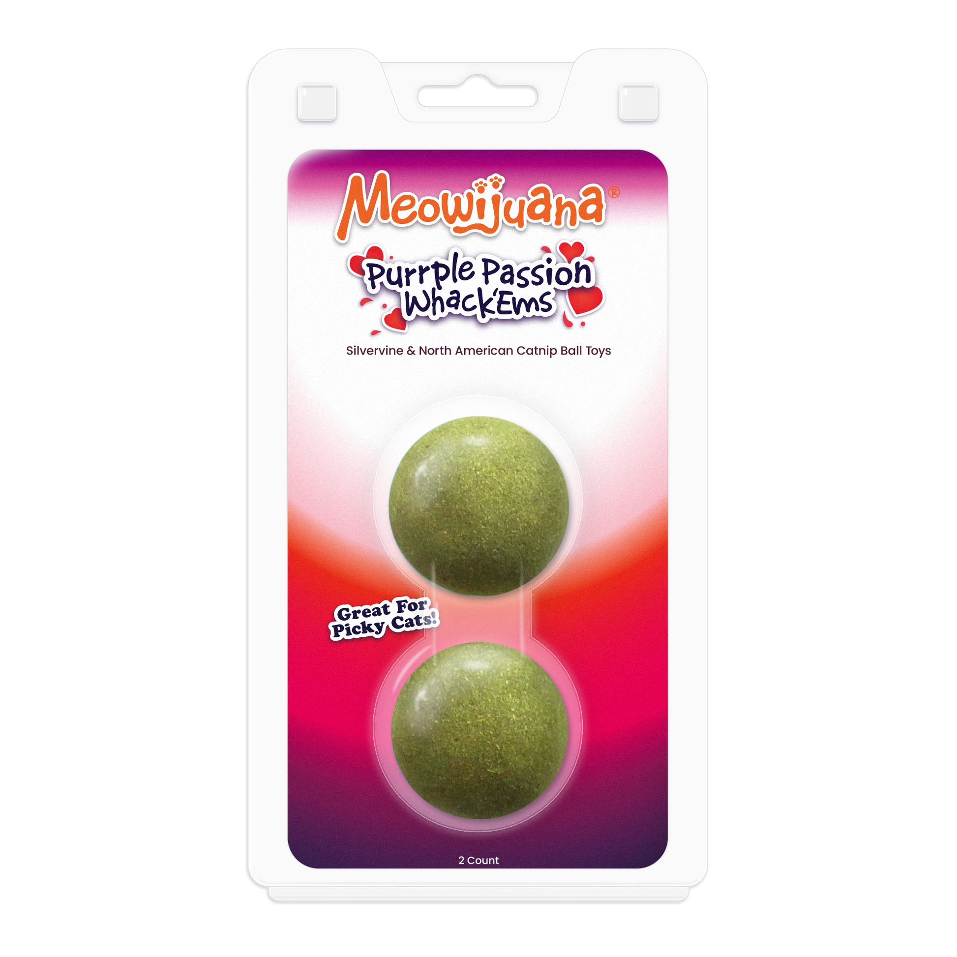 Meowijuana Purple Passion Whack’Ems cat toy balls – 2-pack of silvervine and catnip balls, great for picky cats.