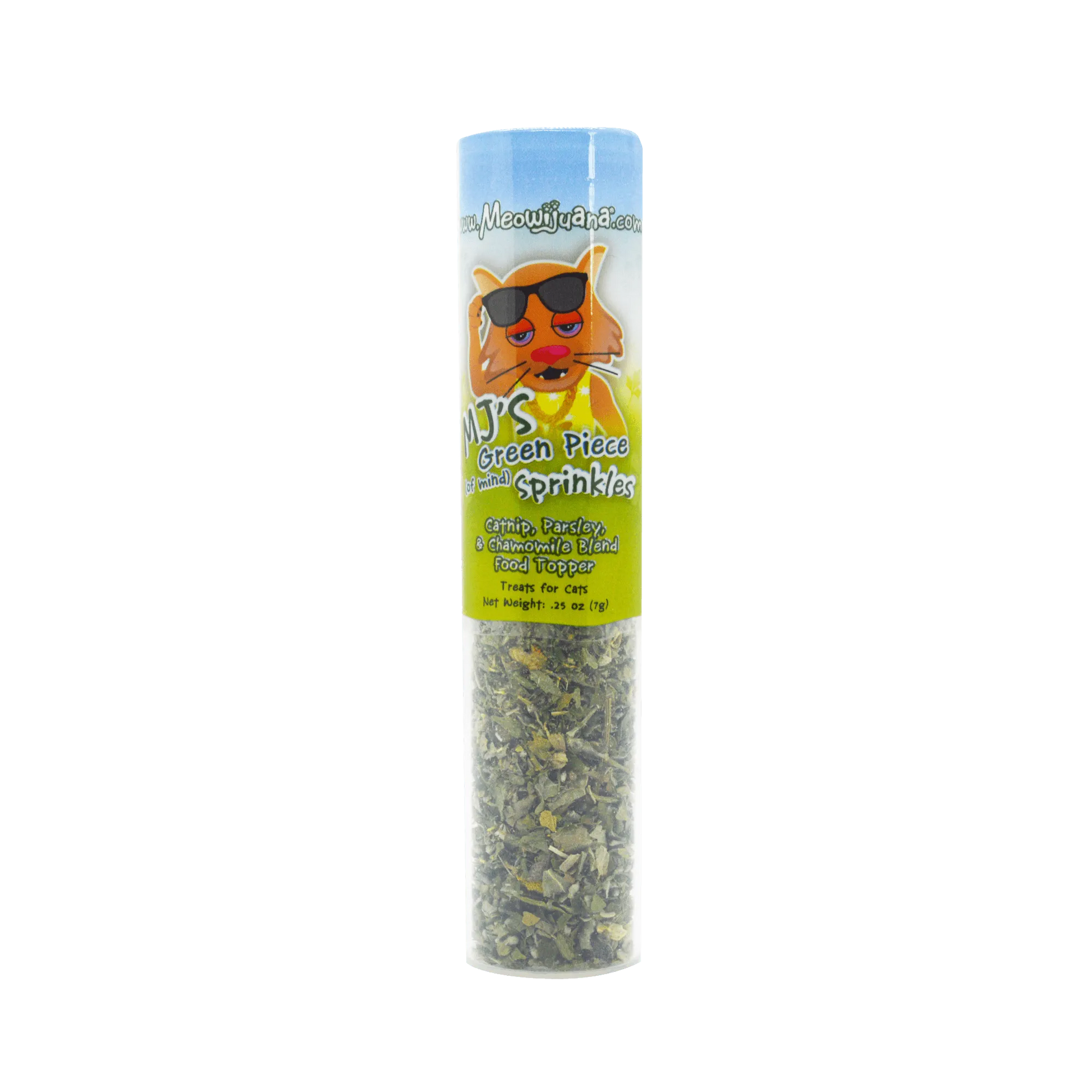 MJ's Green Piece Sprinkles for cats, a blend of catnip, parsley, and chamomile, in a blue-labeled container.