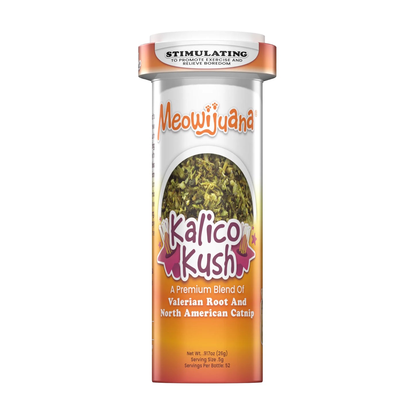Meowijuana Kalico Kush catnip bottle featuring a premium blend of valerian root and North American catnip.