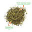 Close-up of Meowijuana Kalico Kush blend with arrows highlighting North American catnip for euphoria and valerian root for picky cats.