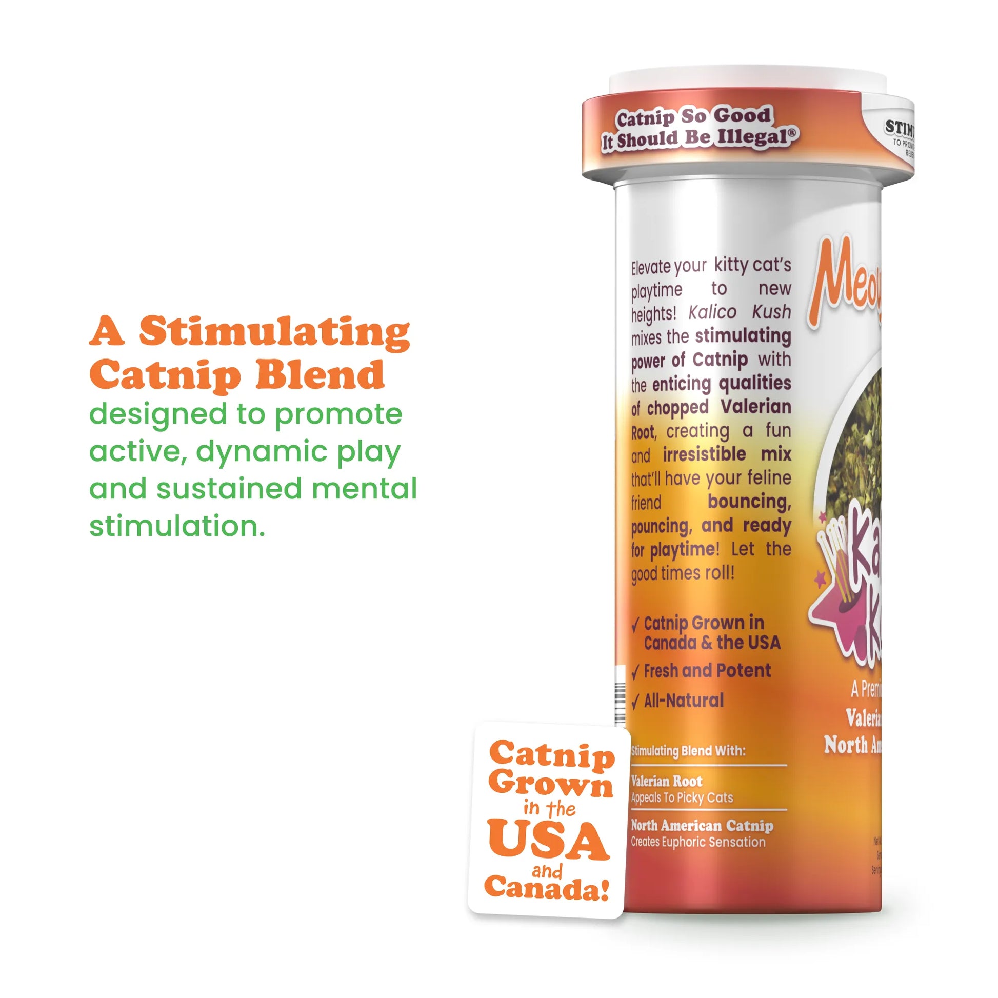Side view of Kalico Kush bottle with text promoting stimulation for active play; includes details on catnip source.
