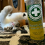White and tabby cat lying on a rug, reaching playfully towards a Meowi-Waui catnip container in front.