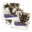 Two photos of a cat eating Meowi-Waui catnip from a purple lid, one with curious expression, the other licking catnip.